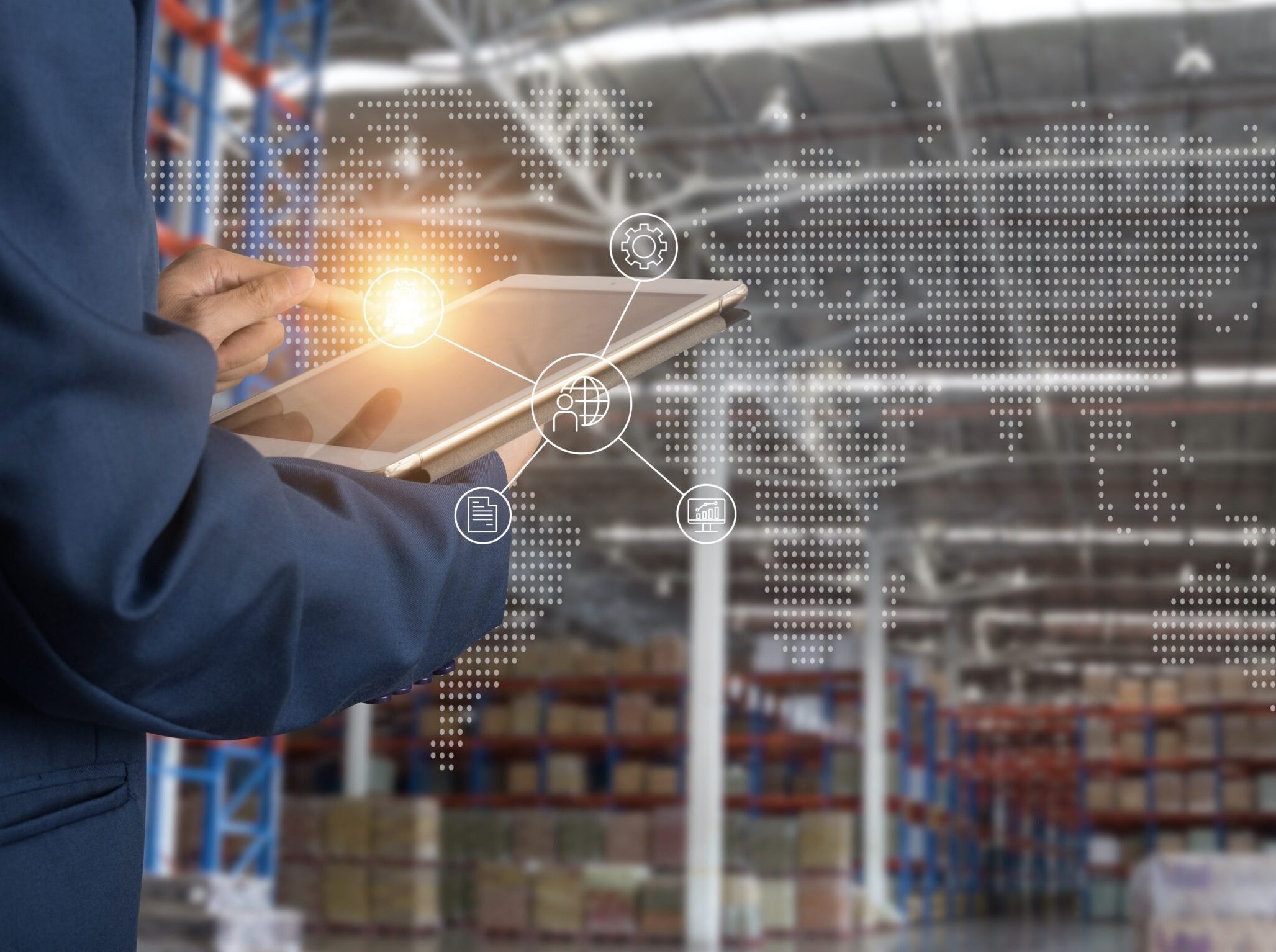 Logistic and transport concept : Businessman manager using tablet check and control and planning for Modern Trade warehouse logistics.